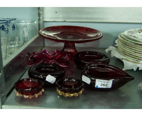 MAGNOR CRANBERRY BUBBLE GLASS HANDKERCHIEF BOWL, TWO CIRCULAR AND ONE HEART SHAPED RUBY BUBBLE GLASS BOWLS AND A PAIR OF VICT