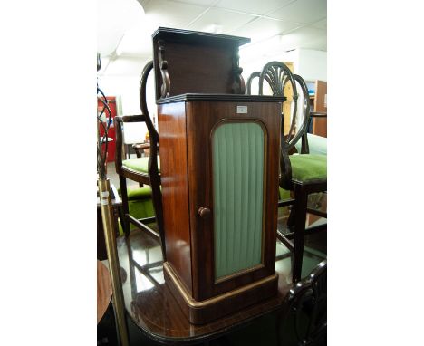 VICTORIAN AND LATER MAHOGANY POT CUPBOARD, with silk pleated front panel and later top with short shelf and scroll supports t