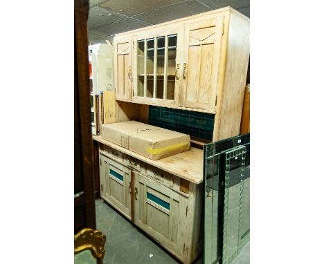 A PINE LARGE DRESSER WITH GREEN TILE FEATURES, HIGH RAISED CUPBOARD BACK 
