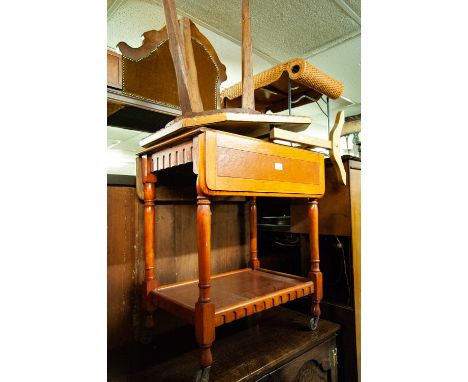 A GILT FRAMED FIRESCREEN AND A CIRCULAR TOP TABLE, on triple supports and a TWO TIER TEA TROLLEY (3) 