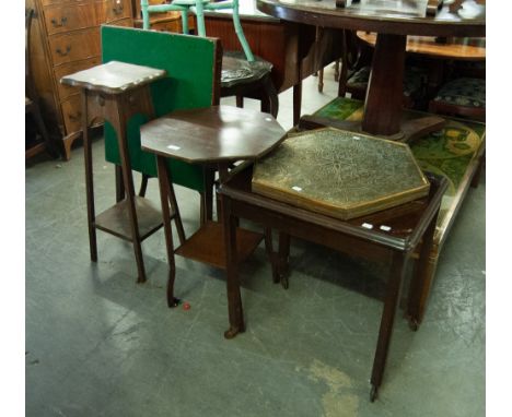 THREE VARIOUS SHAPED OCCASIONAL TABLES, A FOLD-FLAT CARD TALE AND A BRASS OCTAGONAL TABLE TOP (5) 