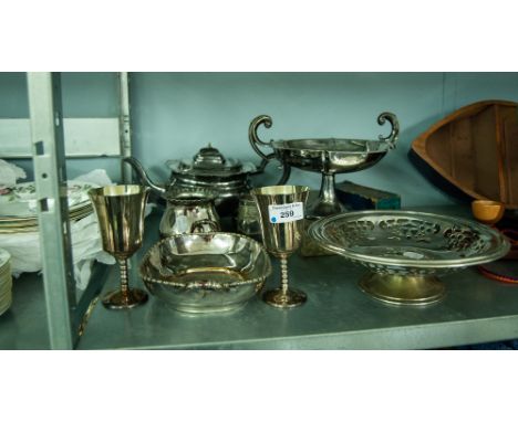 A SMALL SELECTION OF PLATED ITEMS INCLUDING; A TEAPOT, PEDESTAL BOWL, BOWL,  A PAIR OF STEM GOBLETS, AND SET OF FRUIT SPOONS 