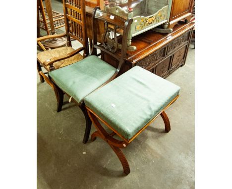 A REPRODUCTION REGENCY STYLE MAHOGANY DRESSING STOOL, ALSO A REPRODUCTION WALNUTWOOD BEDSIDE CABINET AND A SINGLE LYRE BACK B