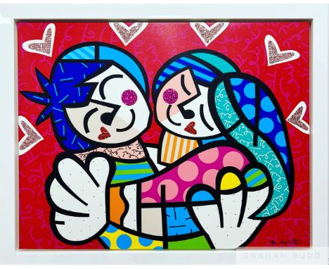 Romero Britto (Brazilian b.1963) 'Love Me Tender', 2015
Hand signed and hand embellished boxed canvas with diamond dust from 