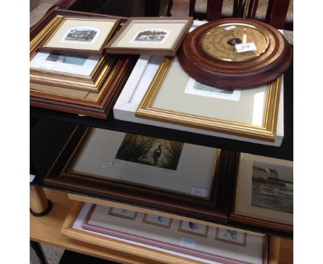VARIOUS SIGNED PRINTS, OTHER PICTURES AND A BAROMETER