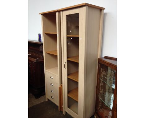 A PAIR OF MODERN LIGHT WOOD BOOKCASES WITH OPTIONAL CENTRAL SHELVING W55CM D44CM H189CM EACH
