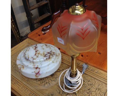 A BRASS TABLE LAMP WITH ART DECO STYLE GLASS SHADE AND A GLASS CEILING SHADE A/F