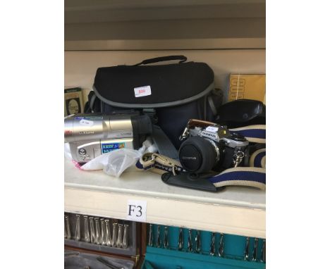 OLYMPUS OM10 CAMERA, CASE ETC AND SAMSUNG CAMCORDER