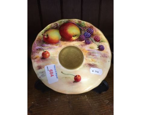 ROYAL WORCESTER FRUIT PAINTED SAUCER BY M HALECONDITION: HAIRLINE VISIBLE FROM BOTH SIDES AS PICTURED, SURFACE WARE TO GILDED