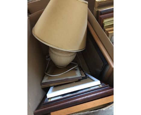 BOX OF PICTURES AND A LAMP