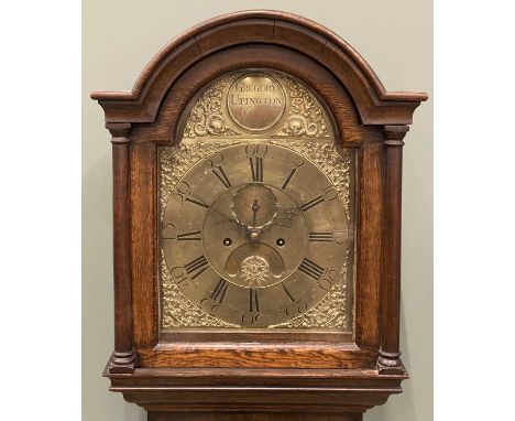 19TH CENTURY IRISH LONGCASE CLOCK, Gregory Upington, Cork, brass face with pendulum and weights, 212 (h) x 49 (w) x 26cms (d)