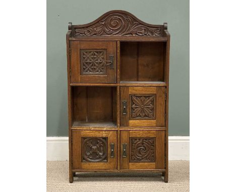VINTAGE CARVED FLOOR STANDING BOOKCASE, multi compartmented and with four doors, 100 (h) x 57 (w) x 16cms (d)Provenance: priv