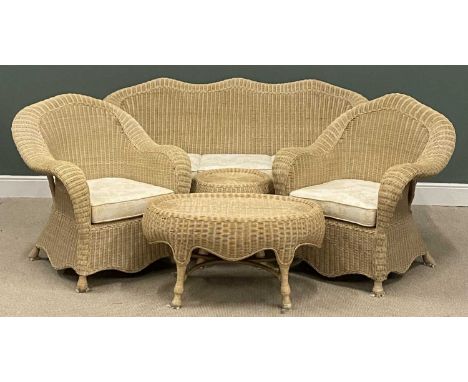QUALITY BAMBOO/CANE RATTAN FIVE-PIECE CONSERVATORY SUITE, comprising three-seater sofa, 94 (h) x 210 (w) x 61cms (d), two arm