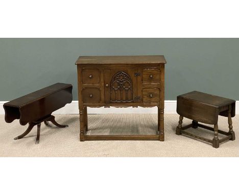 THREE ITEMS INCL. VINTAGE OAK HUTCH CUPBOARD, with carved Gothic style front, 83 (h) x 91 (w) x 39cms (d), and two drop leaf 