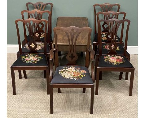 SUBSTANTIAL 19TH CENTURY MAHOGANY DROP LEAF TABLE, 74 (h) x 55/160 (w) x 126cms (d), and set of seven splat back and tapestry