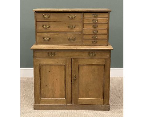 VINTAGE PINE OFFICE CABINET, top with multiple compartmented and other drawers, single drawer to base over two cupboard doors