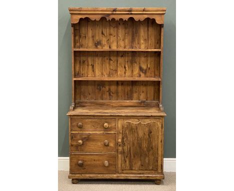 COMPACT PINE DRESSER, two shelf rack with shaped apron, three drawers and cupboard door, 192 (h) x 107 (w) x 42cms (d)Provena