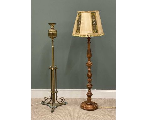 TWO ANTIQUE STANDARD LAMPS, rise and fall brass lamp, and turned wooden lamp with vintage shade (2)Provenance: private collec
