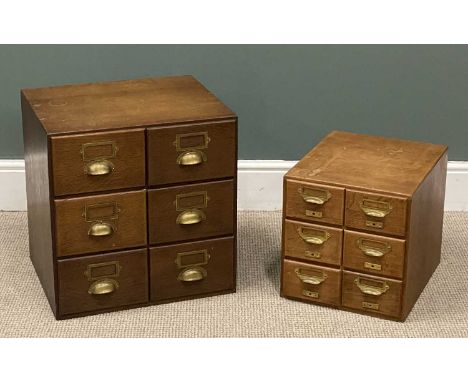 TWO VINTAGE OAK INDEX CARD FILING CABINETS, 52 (h) x 50 (w) x 51cms (d), and 36 (h) x 34 (w) x 41cms (d) (2)Provenance: priva