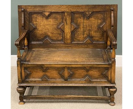 GOOD VINTAGE OAK MONK'S BENCH, with fielded shaped panels, 73 (h) x 115 (w) x 52cms (d)Provenance: private collection Conwy