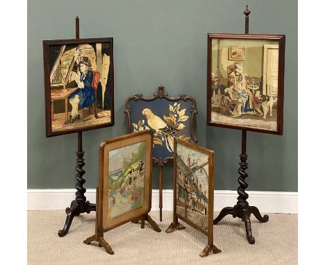 PAIR OF VICTORIAN TAPESTRY POLE SCREENS, on twist tripod bases, 162cms (h) the tallest, and three other tapestry screensProve
