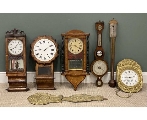 FOUR PENDULUM WALL CLOCKS, including French 'Louis Jaquine' brass effect, marquetry examples, and a stick barometer and banjo