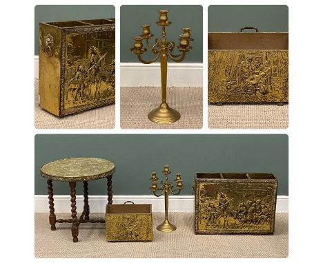 VINTAGE BRASS FURNITURE including compartmented umbrella stand, 49 (h) x 67 (w) x 20cms (d) brass candelabra, magazine rack e