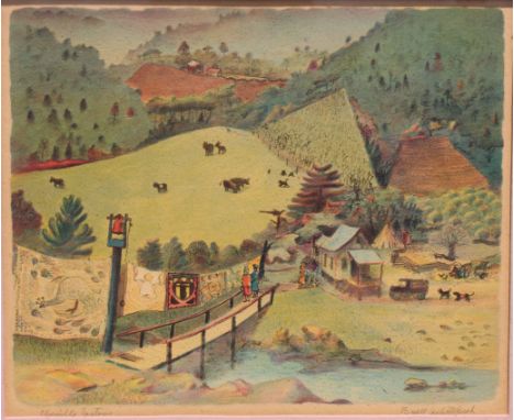 Buell Whitehead (FL, 1919 - 1993) "Chenille Factory" Colored Lithograph. Pencil signed lower right. Titled lower left. Comes 
