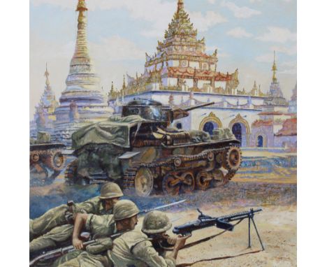 Brian Sanders (British, B. 1937) "Rangoon Falls to Japanese Forces" Original Oil painting on Canvas. Provenance: Collection o