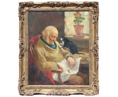 David W Haddon (fl.1884 - 1914) Oil on canvas painting of an elderly man falling asleep reading a newspaper, with a kitten pl