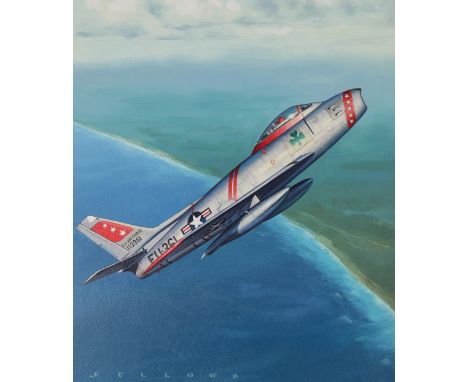 Jack Fellows (American, B. 1941) "North American F-86 Sabre" Signed lower left. Original Oil painting on Masonite. Provenance