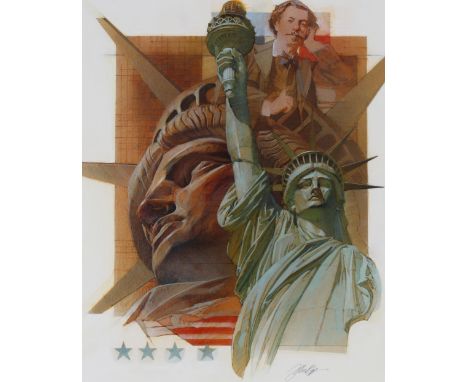 Mark Schuler (American, B. 1951) "Statue of Liberty" Signed lower right. Original Mixed Media painting on Illustration Board.