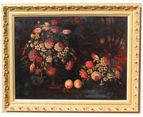 Large European School Old Master Painting depicting two flower arrangements. Oil on canvas. Appears to be unsigned, has not b