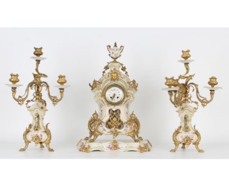 Antique Gilt Bronze/Porcelain KPM Porcelain Clock Set. Each piece with hand painted floral motif. Clock movement marked "Gust