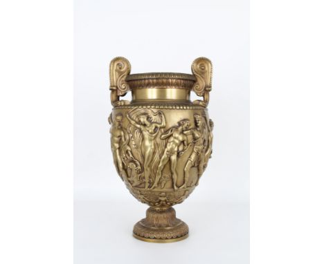 French Bronze Figural Twin Handled Urn. Depicting various allegorical figures throughout exterior of urn. Height: 16.75 in.