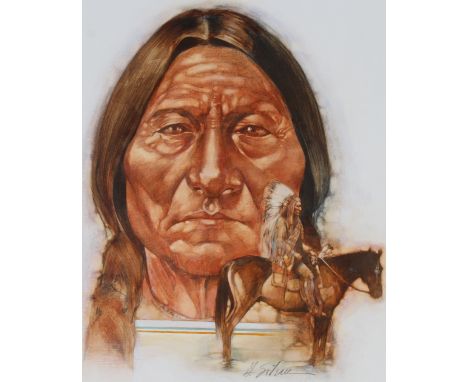 Hodges Soileau (American, B. 1943) "Sitting Bull" Signed lower right. Original Mixed Media painting on Cold Press Illustratio