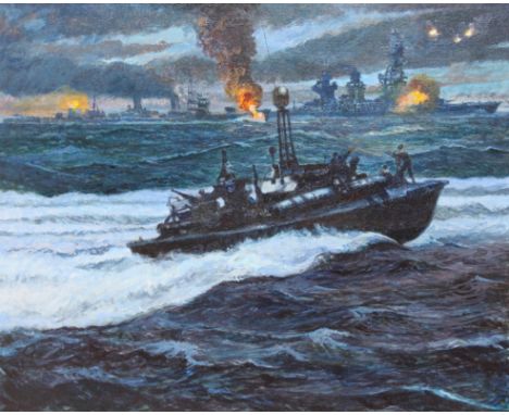 Brian Sanders (British, B. 1937) "Battle of Leyte Gulf" Oil painting on Masonite. Artist notes in margins. . Provenance: Coll