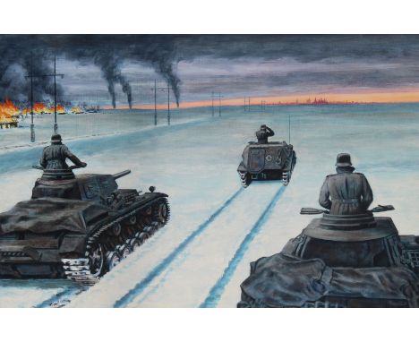 David K. Stone (American, 1922 - 2001) "German Tanks Approaching Moscow" Signed lower right. Original Oil painting on Masonit