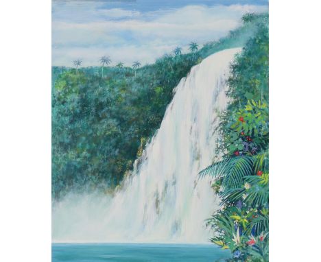 George Sottung (American, 1927 - 1999) "Tourism Site of Pohnpei - Kepirohi Falls" Signed upper left. Original Oil painting on