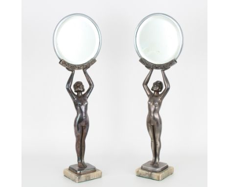 (2) Jaques Limousin Silvered Bronze Figural Mirrors. Art Deco Style. Each figure on marble base. Signed near bottom. Height: 
