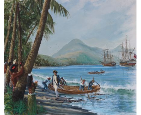 Charles J Lundgren (New York, Connecticut, 1911 - 1988) "Ship Resolution &amp; Discovery of Hawaii" Signed lower right. Oil o