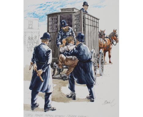 Basil Smith (British, B. 1925). "1880s Police Patrol Wagon" Signed lower right. Original Mixed Media painting on Hot Press Il
