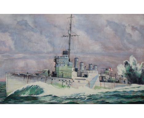 David K. Stone (American, 1922 - 2001) "HMS Rockingham" Signed lower right. Original Oil painting on Masonite. Provenance: Co