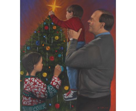 Michael Garland (American, B. 1952) "Placing the Star on the Christmas Tree" Signed lower right. Original Oil painting on Ill