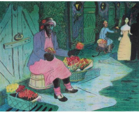 Buell Whitehead (FL, 1919 - 1993) "Flower Girl" Colored Lithograph. Pencil signed and dated (1986) lower right, titled and nu