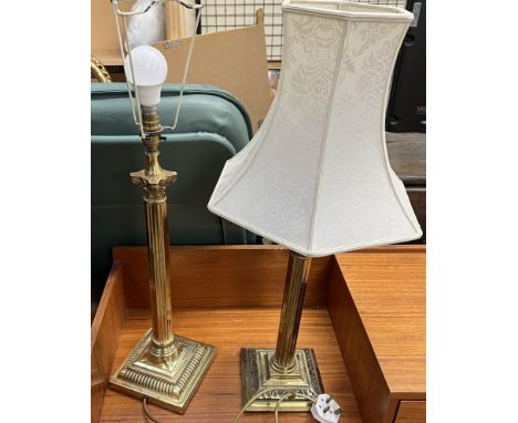 Two brass corinthian column candlestick table lamps