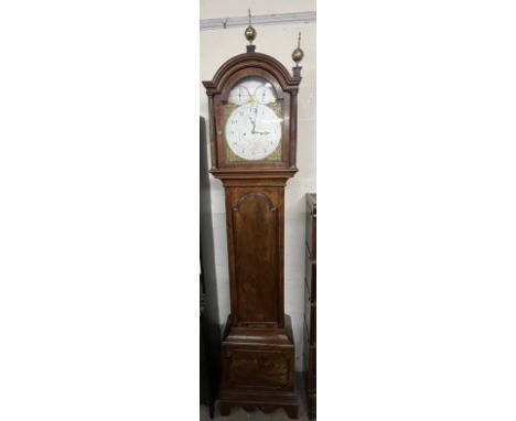 A 19th century and later mahogany longcase clock, the domed hood with brass globe finials and stop fluted columns, a long arc