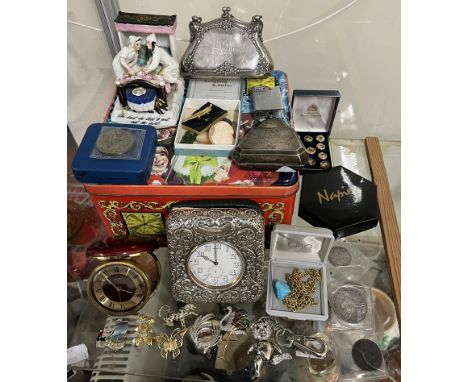 Two silver purses together with a silver Goliath watch case, jewellery, coins etc