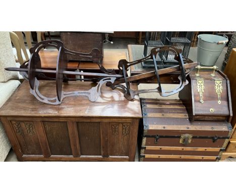 An oak coffer together with a domed trunk, two corner shelf units and a coal purdonium