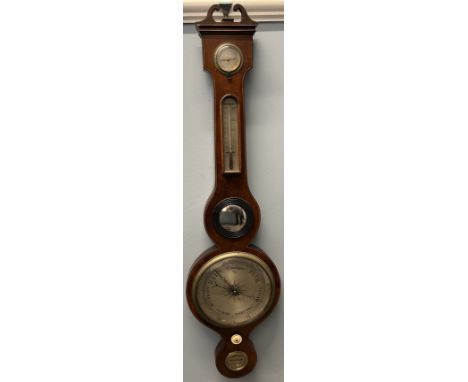 A 19th century mahogany banjo barometer with a broken swan neck pediment, hydrometer, alcohol thermometer, convex mirror, sil